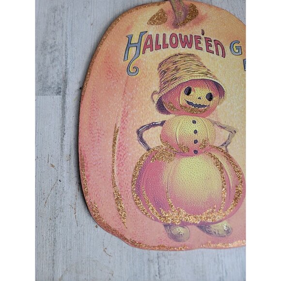Vintage Halloween greetings pumpkin sign home decor hanging prop - Picture 2 of 5